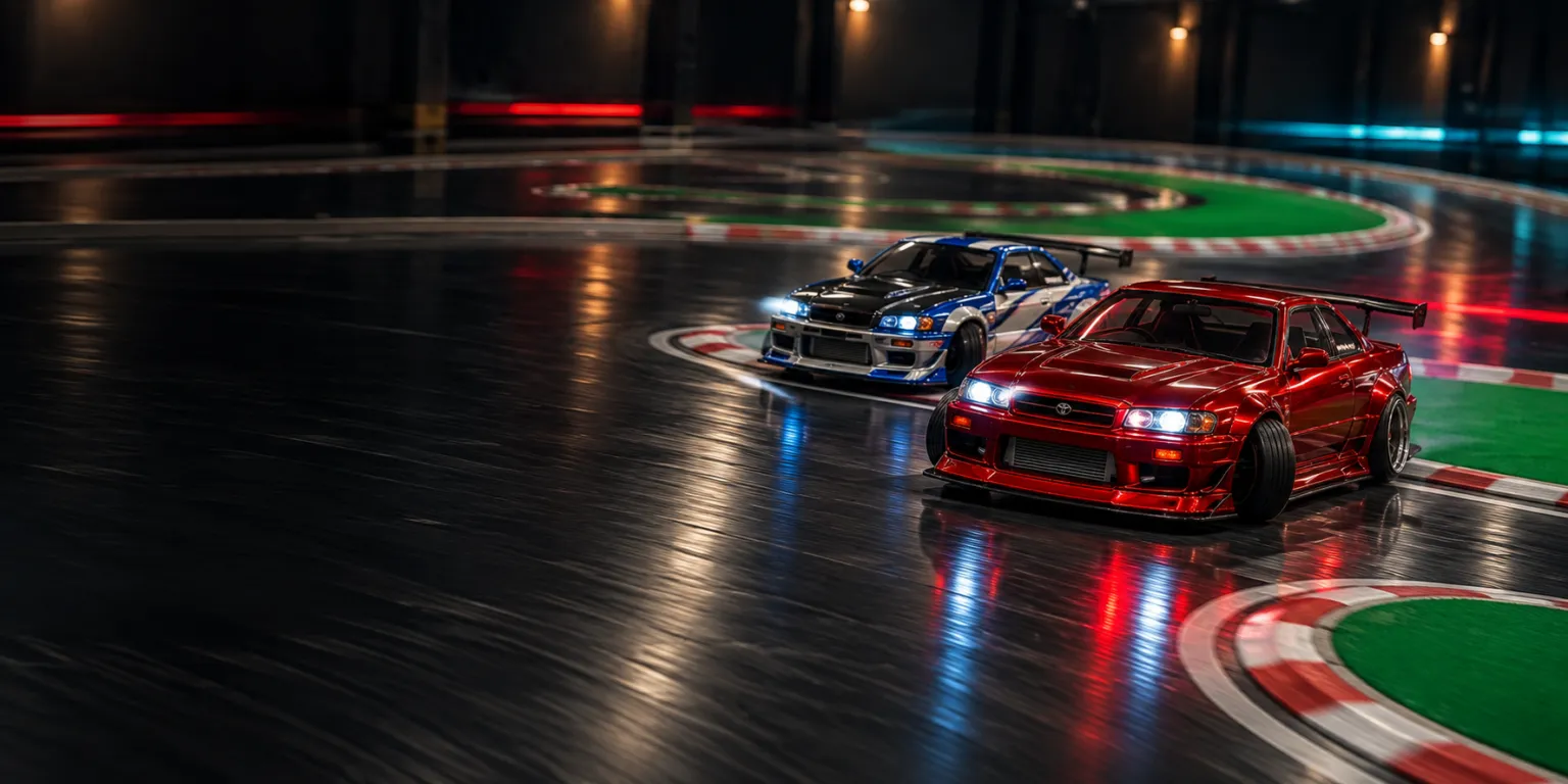 赤と青のRCドリフトカーが追走する迫力あるイメージビジュアル