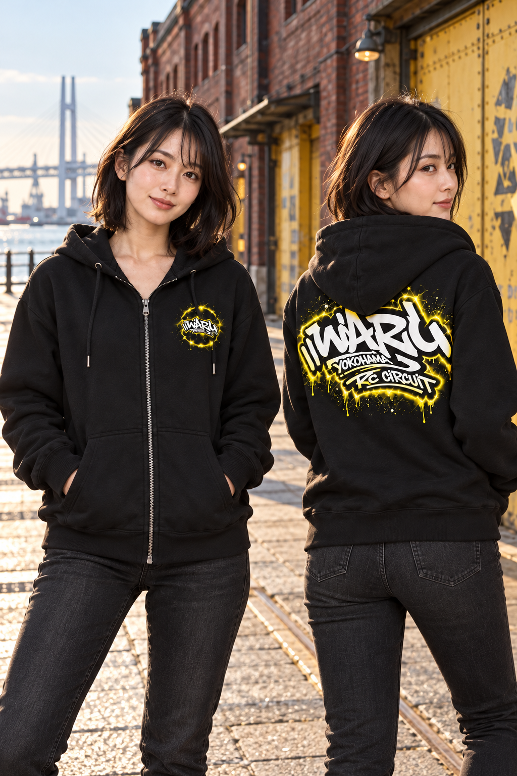 WARUパーカー 黄ロゴ 別モデルと横浜の倉庫街背景 前後の着用イメージ