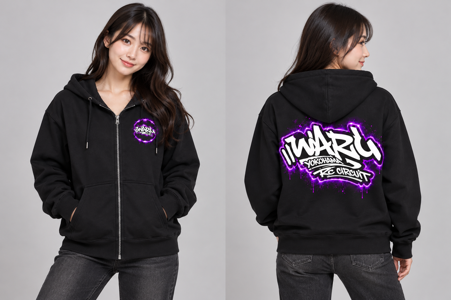 WARUパーカー 紫ロゴ 女性着用の正面と背面イメージ